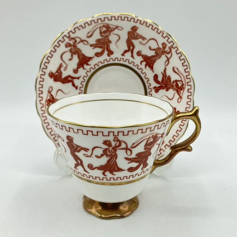 Vintage Taylor & Kent Bone China Tea Cup & Saucer Greek Figures Red Gold England